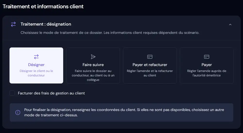 Choix du traitement dans la plateforme The Fine Hub